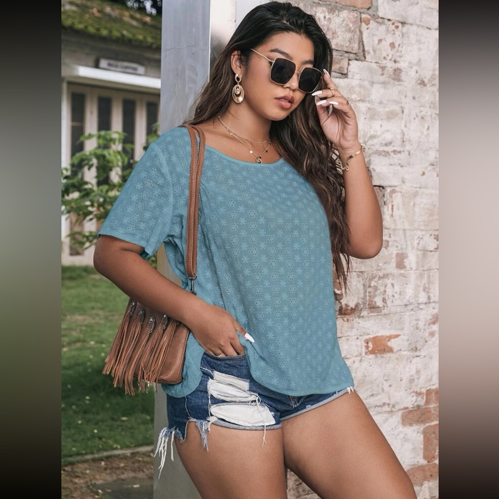 Blue Eyelet Embroidery Button Back Asymmetrical Blouse